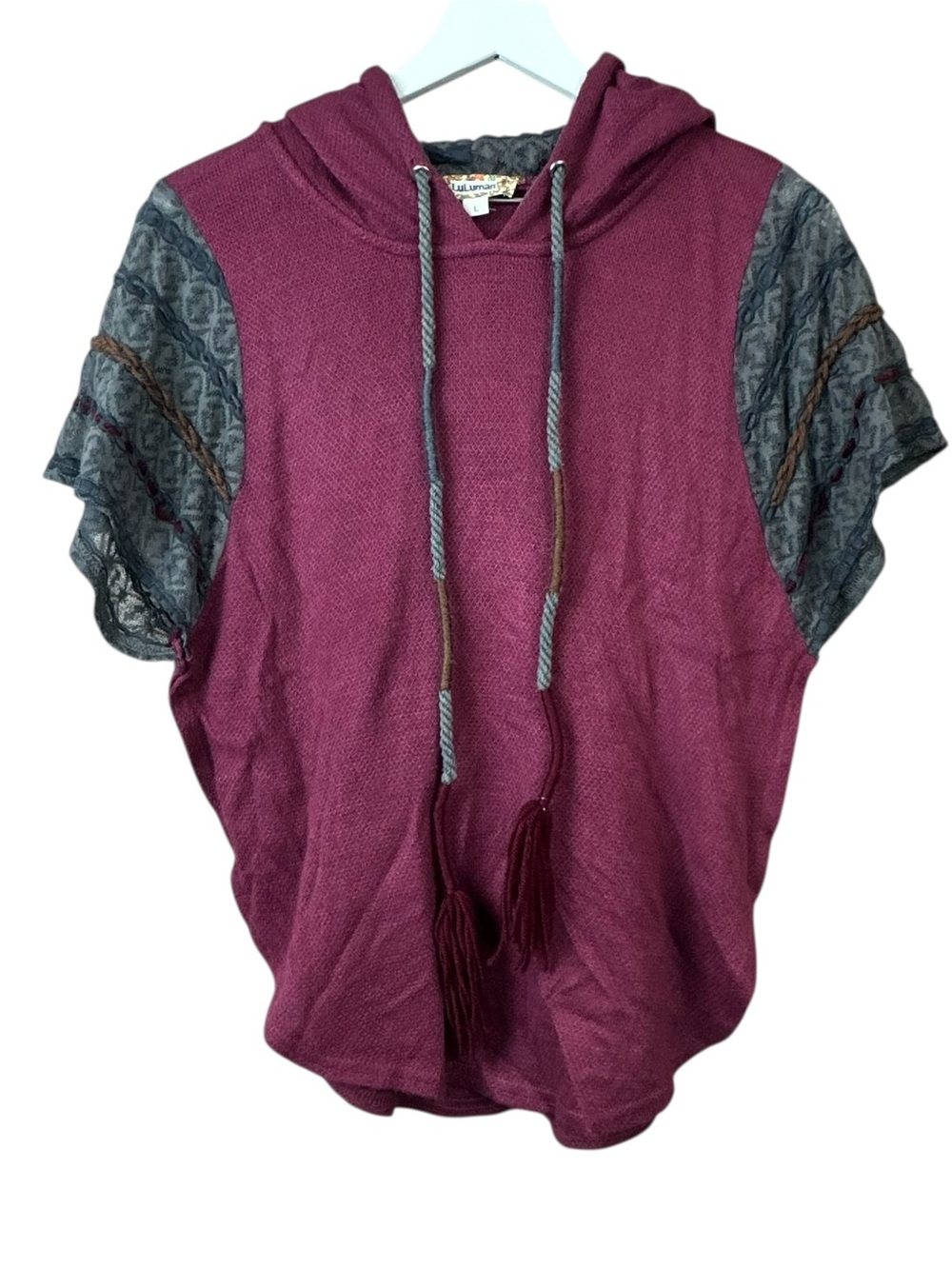 Lulumari Boho Short Sleeve Burgundy Hooded Sweater Women Sz L